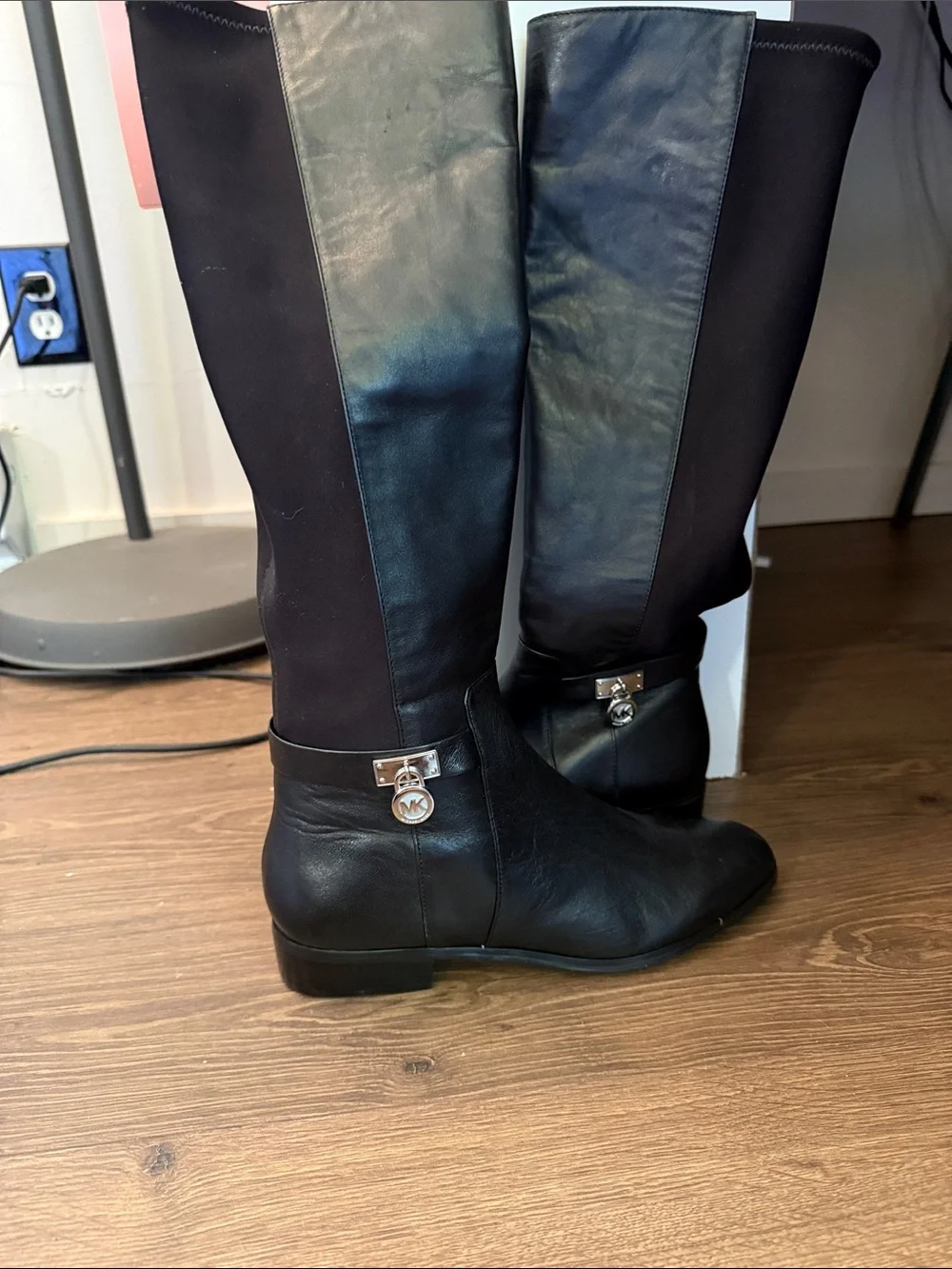 Michael Kors Black Leather & Stretch Over-the-Knee Boots with MK Charm